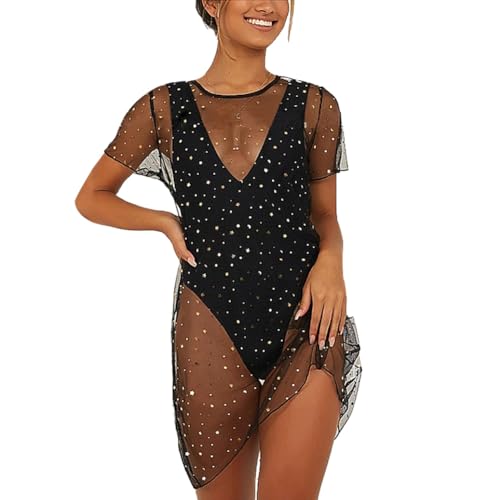 Odizli Netzoberteil Damen Sexy Kurzarm Glitzer Durchsichtiges Transparent Netz Mesh Oberteil Netzshirt Hippie Party Festival Rave Outfit Bikini Cover Up Strandtunika Kurz Strandkleid Schwarz-A M von Odizli