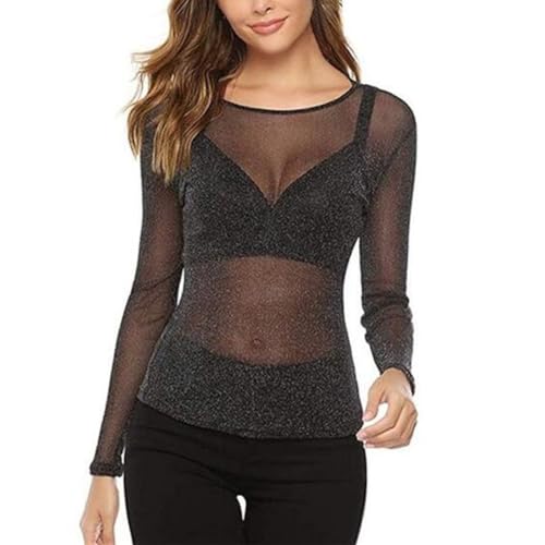 Odizli Netzoberteil Damen Sexy Langarm Durchsichtiges Transparent Netz Glitzer Mesh Oberteil Netzshirt Festival Rave Techno Outfit Frauen Top Party Streetwear Hip Hop Kleidung Clubwear Schwarz-A L von Odizli