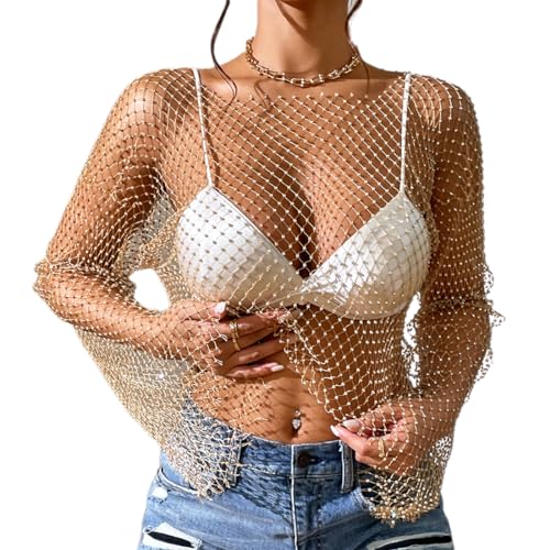 Odizli Netzoberteil Damen Sexy Langarm Durchsichtiges Transparent Netz Glitzer Strass Mesh Oberteil Netzshirt Festival Rave Techno Outfit Frauen Top Party Streetwear Hip Hop Kleidung Clubwear Gold L von Odizli