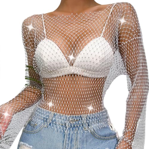 Odizli Netzoberteil Damen Sexy Langarm Durchsichtiges Transparent Netz Glitzer Strass Mesh Oberteil Netzshirt Festival Rave Techno Outfit Frauen Top Party Streetwear Hip Hop Kleidung Clubwear Weiß L von Odizli