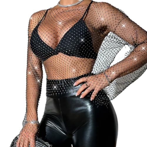 Odizli Netzoberteil Damen Sexy Langarm Durchsichtiges Transparent Netz Glitzer Strass Mesh Oberteil Netzshirt Festival Rave Techno Outfit Frauen Top Party Streetwear Hip Hop Kleidung Schwarz L von Odizli