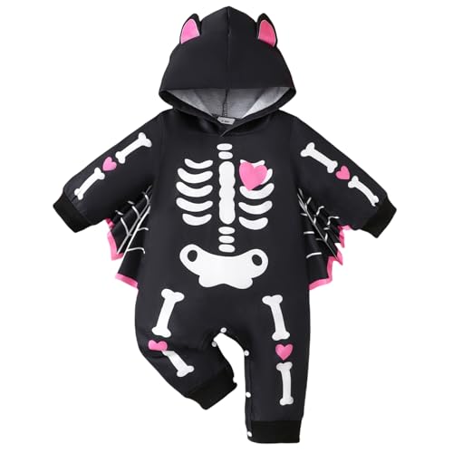 Odizli Neugeborene Baby M�dchen Jungen Halloween Kleidung Langarm Skelett Teufel Fledermaus Kapuze Strampler Body Overall Hut Umhang Babysachen Set Herbst Winter Babykleidung Schwarz Rosa 0-6 Monate von Odizli