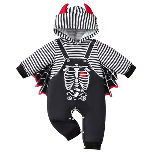 Odizli Neugeborene Baby M�dchen Jungen Halloween Kleidung Langarm Skelett Teufel Fledermaus Kapuze Strampler Body Overall Hut Umhang Babysachen Set Herbst Winter Babykleidung Schwarz Rot 12-18 Monate von Odizli