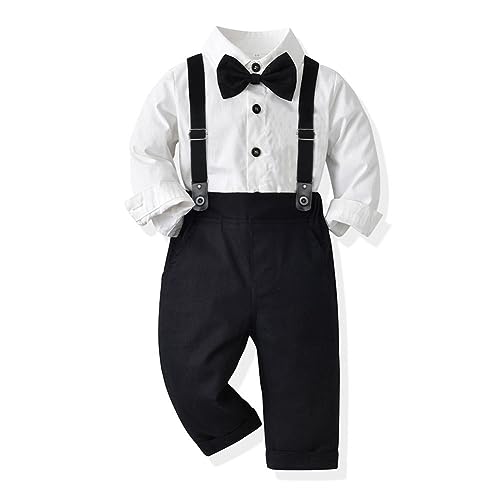 Odizli Neugeborenen Baby Jungen kinder kleidung Langarm Hemd+Hosenträger+Fliege+Hosen 4tlg Bekleidungssets Gentleman Festliche Taufe Geburtstagsparty Anzug Set Fotoshooting Weiß+Schwarz 18-24 Monate von Odizli