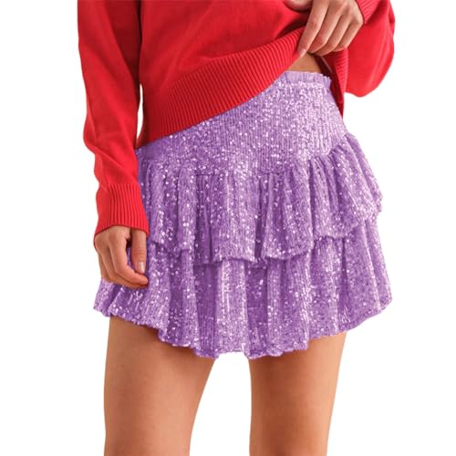 Odizli Pailletten Rock Damen Sexy Glitzer Minirock High Waist Y2K 80er Jahre Sommer A Linie Skater Tutu Glitzerrock Rüschen Faltenrock Plisseerock Teenage Mädchen Party Kurz Mini Röcke Lila S von Odizli