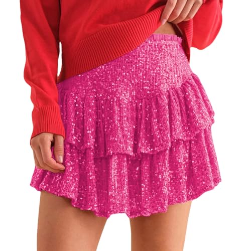 Odizli Pailletten Rock Damen Sexy Glitzer Minirock High Waist Y2K 80er Jahre Sommer A Linie Skater Tutu Glitzerrock Rüschen Faltenrock Plisseerock Teenage Mädchen Party Kurz Mini Röcke Rosenrot M von Odizli