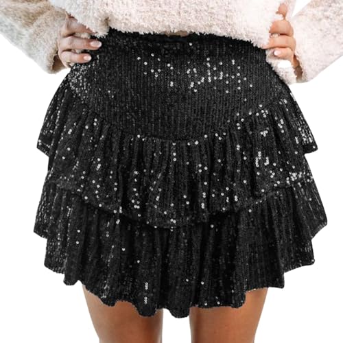 Odizli Pailletten Rock Damen Sexy Glitzer Minirock High Waist Y2K 80er Jahre Sommer A Linie Skater Tutu Glitzerrock Rüschen Faltenrock Plisseerock Teenage Mädchen Party Kurz Mini Röcke Schwarz S von Odizli