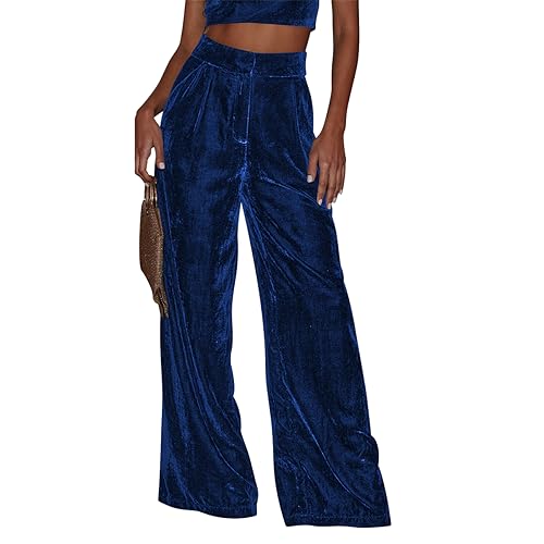 Odizli Palazzo Hose Damen Elegant Herbst Winter Samt High Waist Stoffhose Culottes Hosenrock Lang Weite Hose Festlich Hochzeit Business Marlenehose Anzughose Schlupfhose Freizeithose Royal Blau L von Odizli