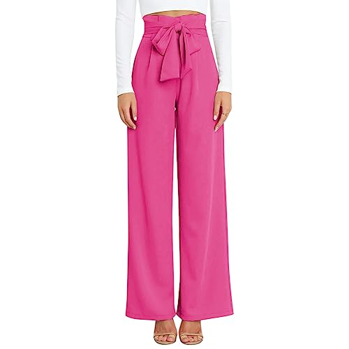 Odizli Paperbag Hosen Damen Elegant High Waist Culottes Palazzo Hosenrock Lang Weite Hose Sommer Business Festlich Stoffhose Marlenehose Anzughose Schlupfhose Freizeithose mit Gürtel Rosenrot L von Odizli