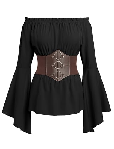 Odizli Piratenkost�m Damen Gothic Steampunk Mittelalter Bluse Korsett Oberteil Piraten Piratenbluse Off Shoulder Langarm Viktorianisches Wikinger Kost�m Halloween Karneval Faschingskost�me Schwarz L von Odizli
