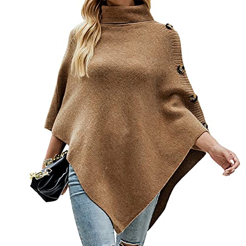 Odizli Poncho Damen Rollkragenpullover Strickpullover Winterpullover Elegant Damenpullover Langarm Herbst Winter Warm Oberteile Oversize Longpullover Sweater Pulli Pullover Schal Cape Khaki F von Odizli