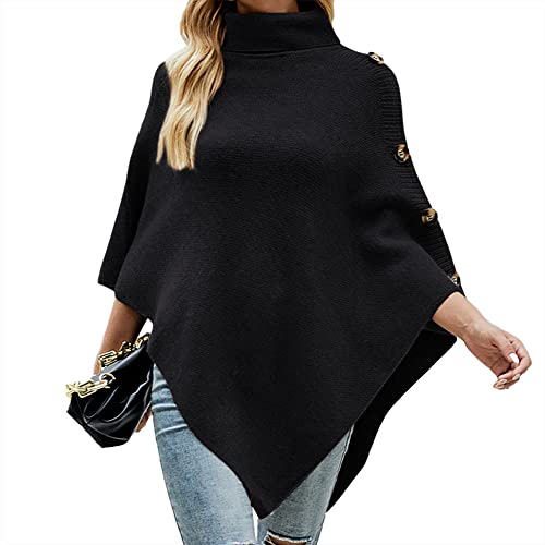 Odizli Poncho Damen Rollkragenpullover Strickpullover Winterpullover Elegant Damenpullover Langarm Herbst Winter Warm Oberteile Oversize Longpullover Sweater Pulli Pullover Schal Cape Schwarz F von Odizli