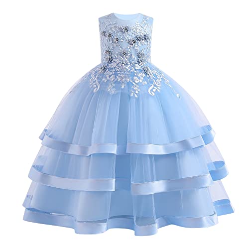 Odizli Prinzessin Kleid Mädchen Blumenmädchenkleider Ärmellos Satin Perlenspitze Tüllkleid Festliche Langes Abendkleid Kinder Hochzeit Erstkommunion Geburtstag Partykleid Ballkleid Blau 130 von Odizli