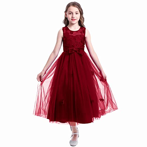 Odizli Prinzessin Kleid Mädchen Blumenmädchenkleider Kinder Ärmellos Blumen Stickerei Tüllkleid Festliche Langes Abendkleid Hochzeit Erstkommunion Geburtstag Partykleid Ballkleid Weinrot 6-7 Jahre von Odizli