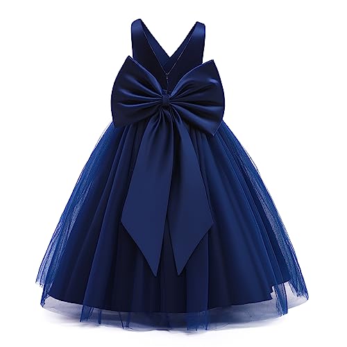 Odizli Prinzessin Kleid Mädchen Blumenmädchenkleider Satin Ärmellos V-Ausschnitt Tüllkleid Festliche Hochzeit Erstkommunion Kommunionkleider Geburtstag Lang Abendkleid Ballkleid Marineblau 9-10 Jahre von Odizli