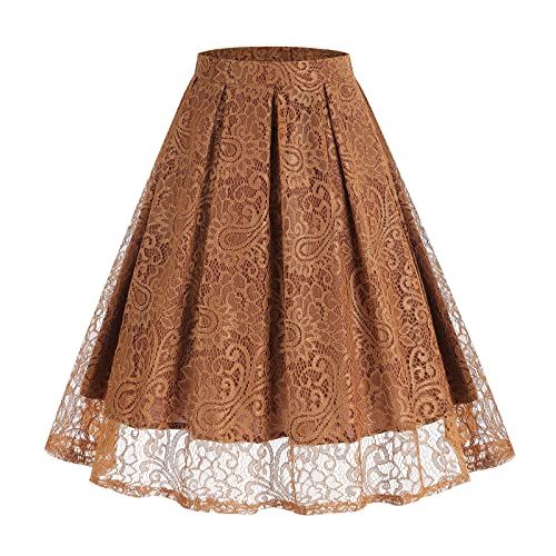 Odizli Rock Damen Knielang Rockabilly Elegant A Linie Petticoat Röcke Tellerrock Faltenrock Vintage High Waist Blume Spitze Swing 50er Jahre Retro Trachtenrock Hochzeit Festlich Plisseerock Braun L von Odizli