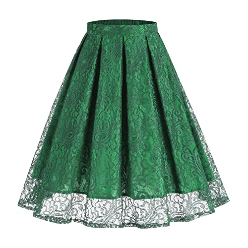 Odizli Rock Damen Knielang Rockabilly Elegant A Linie Petticoat Röcke Tellerrock Faltenrock Vintage High Waist Blume Spitze Swing 50er Jahre Retro Trachtenrock Hochzeit Festlich Plisseerock Grün L von Odizli