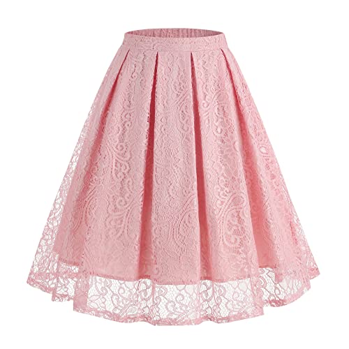 Odizli Rock Damen Knielang Rockabilly Elegant A Linie Petticoat Röcke Tellerrock Faltenrock Vintage High Waist Blume Spitze Swing 50er Jahre Retro Trachtenrock Hochzeit Festlich Plisseerock Rosa M von Odizli