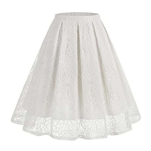 Odizli Rock Damen Knielang Rockabilly Elegant A Linie Petticoat Röcke Tellerrock Faltenrock Vintage High Waist Blume Spitze Swing 50er Jahre Retro Trachtenrock Hochzeit Festlich Plisseerock Weiß XXL von Odizli