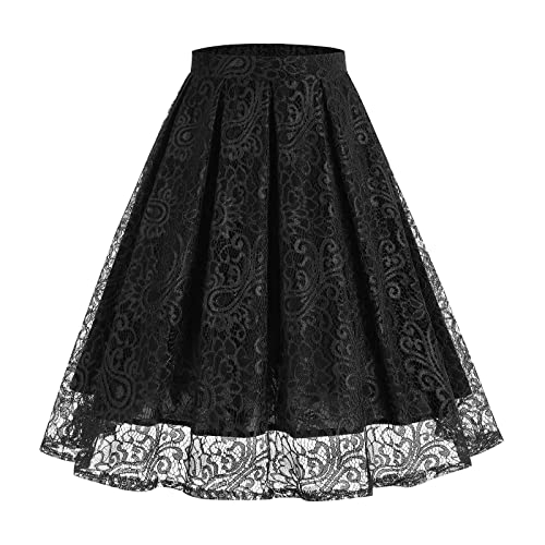 Odizli Rock Damen Knielang Rockabilly Elegant A Linie Petticoat Röcke Tellerrock Faltenrock Vintage High Waist Blume Spitze Swing 50er Jahre Trachtenrock Hochzeit Festlich Plisseerock Schwarz XXL von Odizli