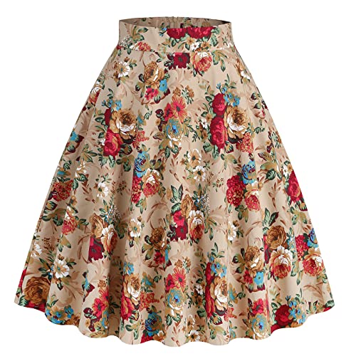 Odizli Rock Damen Knielang Rockabilly Elegant A Linie Skirt Petticoat Röcke Tellerrock Faltenrock Vintage Gepunktet Blume Swing 50er Jahre Retro Trachtenrock Festlich Sommerrock Aprikose Blume L von Odizli