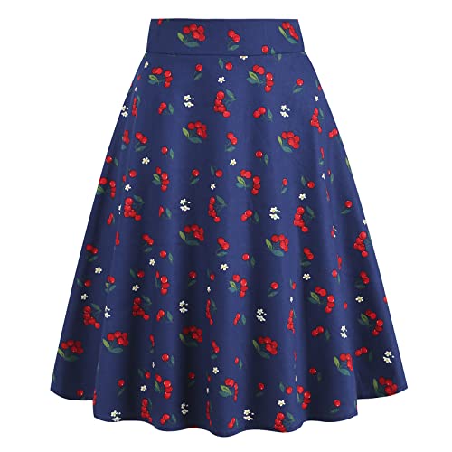 Odizli Rock Damen Knielang Rockabilly Elegant A Linie Skirt Petticoat Röcke Tellerrock Faltenrock Vintage Gepunktet Blume Swing 50er Jahre Retro Trachtenrock Festlich Sommerrock Dunkelblau Kirsche L von Odizli