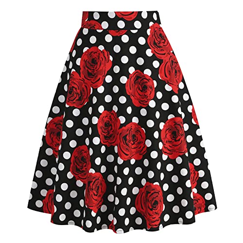 Odizli Rock Damen Knielang Rockabilly Elegant A Linie Skirt Petticoat Röcke Tellerrock Faltenrock Vintage Gepunktet Blume Swing 50er Jahre Retro Trachtenrock Festlich Sommerrock Rot Rose XXL von Odizli