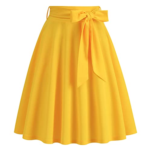 Odizli Rock Damen Knielang Rockabilly Tellerrock Elegant 50er Jahre Vintage Audrey Hepburn A Linie Swing Petticoat Röcke Faltenrock Plisseerock Retro Trachtenrock Festlich Sommerrock Gelb L von Odizli