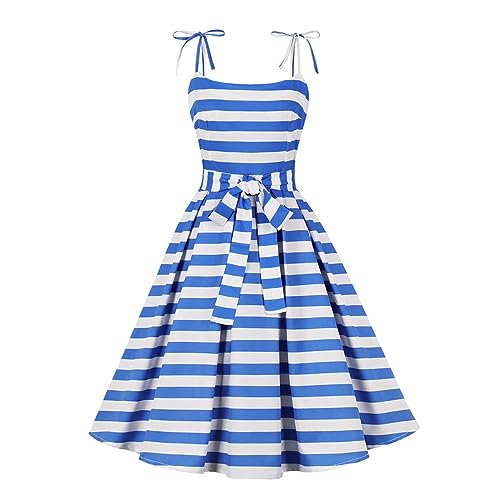 Odizli Rockabilly Kleider Damen 50er 60er Jahre Vintage Retro Petticoat Kleid Sommer Spaghettiträger Plaid Swing Faltenrock Festlich Partykleid Coctailkleid Ballkleid Abendkleid Blau Weiß Streifen XXL von Odizli