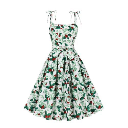 Odizli Rockabilly Kleider Damen 50er 60er Jahre Vintage Retro Petticoat Kleid Sommer Spaghettiträger Plaid Swing Faltenrock Festlich Partykleid Coctailkleid Ballkleid Abendkleid Grün Kirsche XL von Odizli