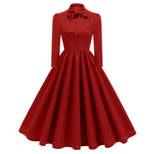 Odizli Rockabilly Kleider Damen 50er Jahre 60er Vintage Elegant Petticoat Kleid Herbst Winter 3/4 Ärmel Swing A-Linien Knielang Coctailkleid Festlich Hochzeit Hochzeitsgäste Herbstkleid Rot M von Odizli
