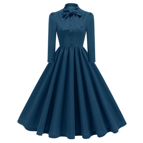 Odizli Rockabilly Kleider Damen 50er Jahre 60er Vintage Elegant Petticoat Kleid Herbst Winter 3/4 Ärmel Swing A-Linien Knielang Coctailkleid Festlich Hochzeit Hochzeitsgäste Herbstkleid Tiefblau M von Odizli