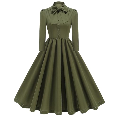 Odizli Rockabilly Kleider Damen 50er Jahre 60er Vintage Elegant Petticoat Kleid Herbst Winter 3/4 �rmel Swing A-Linien Knielang Coctailkleid Festlich Hochzeit Hochzeitsg�ste Herbstkleid Olivgr�n S von Odizli