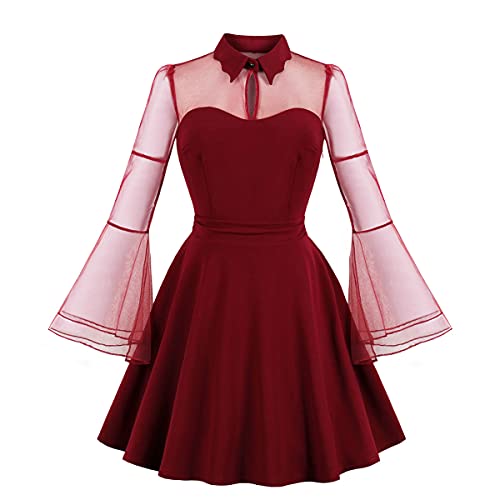 Odizli Rockabilly Kleider Damen 50er Jahre Elegant Vintage Sommer Mesh Langarm A Linie Sommerkleid Swing Petticoat Knielang Coctailkleid Hochzeit Festlich Hochzeitsgäste Kurz Abendkleid Weinrot 3XL von Odizli