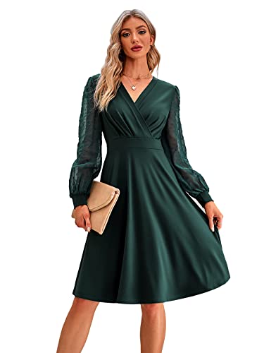 Odizli Rockabilly Kleider Damen 50er Jahre Herbst Vintage Elegant Retro Mesh Polka Dot Langarm V-Ausschnitt Swing Knielang Coctailkleid Festlich Hochzeit Hochzeitsgast Kurz Abendkleid Grün M von Odizli