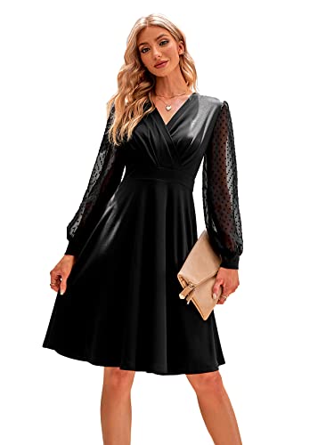 Odizli Rockabilly Kleider Damen 50er Jahre Herbst Vintage Elegant Retro Mesh Polka Dot Langarm V-Ausschnitt Swing Knielang Coctailkleid Festlich Hochzeit Hochzeitsgast Kurz Abendkleid Schwarz S von Odizli