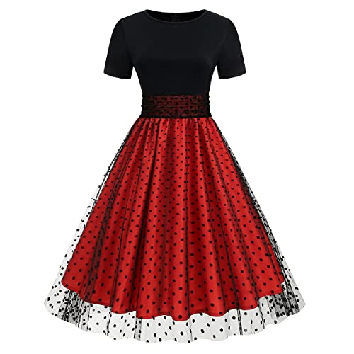 Odizli Rockabilly Kleider Damen 50er Jahre Petticoat Kleid Elegant Vintage Retro Kurzarm Mesh Polka Dot Tüllkleid Sommer Swing Coctailkleid Festlich Hochzeit Partykleid Kurz Abendkleid Rot S von Odizli