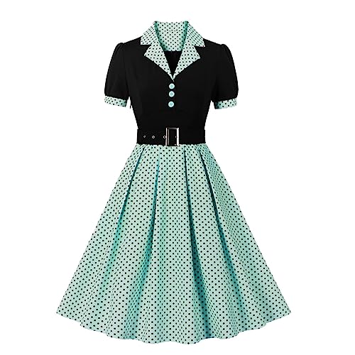 Odizli Rockabilly Kleider Damen 50er Jahre Petticoat Kleid Vintage Audrey Hepburn Kurzarm V-Ausschnitt Polka Dot Swing Coctailkleid Hochzeit Gast Festlich Knielang Abendkleid Grün Schwarz L von Odizli