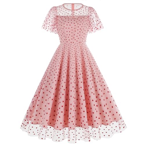 Odizli Rockabilly Kleider Damen 50er Jahre Petticoat Kleid Vintage Elegant Kurzarm Mesh Tüllkleid Sommer Swing Coctailkleid Festlich Hochzeit Hochzeitsgast Kurz Abendkleid Rosa Rot Liebe M von Odizli