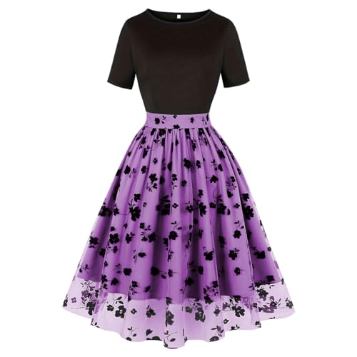 Odizli Rockabilly Kleider Damen 50er Jahre Petticoat Kleid Vintage Elegant Mesh Blume Gestickt Tüllkleid Sommer Swing Coctailkleid Festlich Hochzeit Hochzeitsgast Kurz Abendkleid Lila-Kurzarm XXL von Odizli