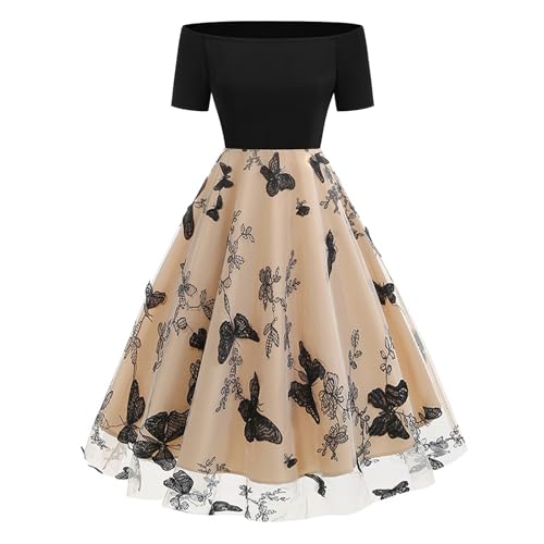 Odizli Rockabilly Kleider Damen 50er Jahre Petticoat Kleid Vintage Elegant Off Shoulder Mesh T�llkleid Swing Coctailkleid Festlich Hochzeit Hochzeitsgast Partykleid Kurz Abendkleid Schwarz Khaki S von Odizli