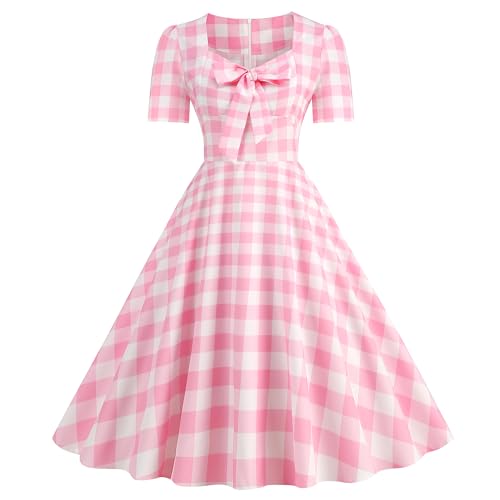 Odizli Rockabilly Kleider Damen 50er Jahre Petticoat Kleid Vintage Elegant Retro Kariert Swing Kurz Coctailkleid Erwachsene Frauen Halloween Karneval Cosplay Kostüm Faschingskostüme Rosa-N XL von Odizli