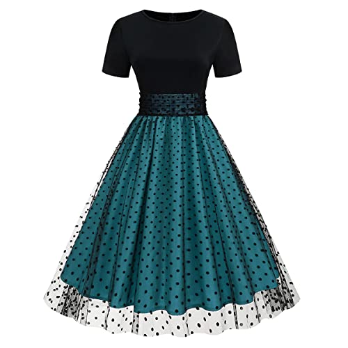 Odizli Rockabilly Kleider Damen 50er Jahre Petticoat Kleid Vintage Elegant Retro Kurzarm Mesh Polka Dot Tüllkleid Sommer Swing Coctailkleid Festlich Hochzeit Partykleid Kurz Abendkleid Blau XL von Odizli