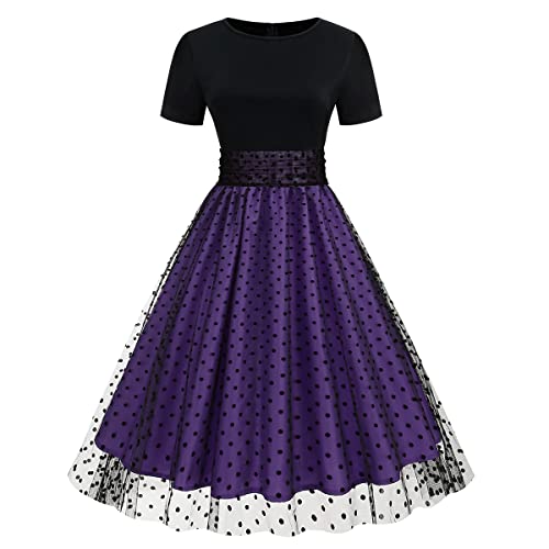 Odizli Rockabilly Kleider Damen 50er Jahre Petticoat Kleid Vintage Elegant Retro Kurzarm Mesh Polka Dot Tüllkleid Sommer Swing Coctailkleid Festlich Hochzeit Partykleid Kurz Abendkleid Lila L von Odizli