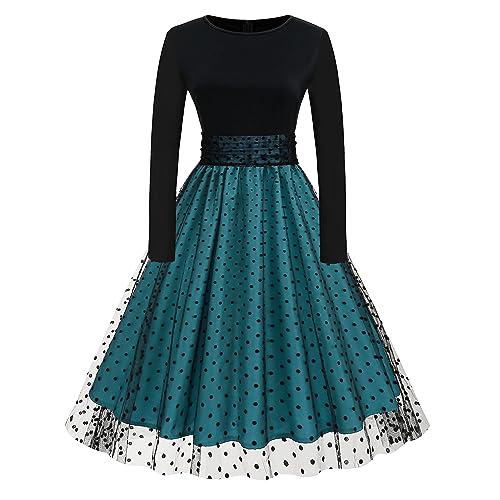 Odizli Rockabilly Kleider Damen 50er Jahre Petticoat Kleid Vintage Elegant Retro Mesh Polka Dot Tüllkleid Herbst Swing Coctailkleid Festlich Hochzeit Partykleid Kurz Abendkleid Blau-Langarm L von Odizli