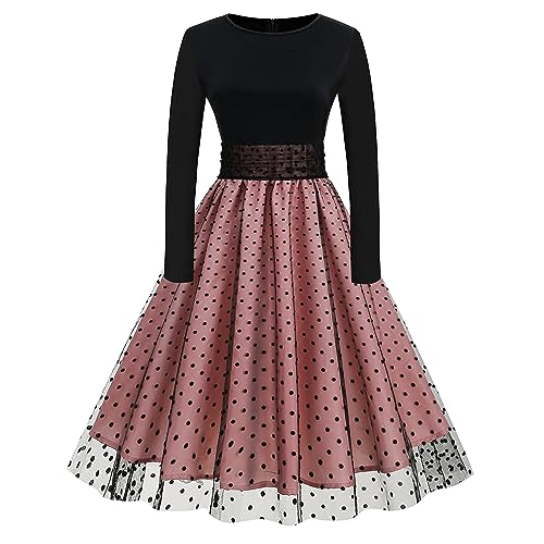 Odizli Rockabilly Kleider Damen 50er Jahre Petticoat Kleid Vintage Elegant Retro Mesh Polka Dot Tüllkleid Herbst Swing Coctailkleid Festlich Hochzeit Partykleid Kurz Abendkleid Rosa-Langarm L von Odizli