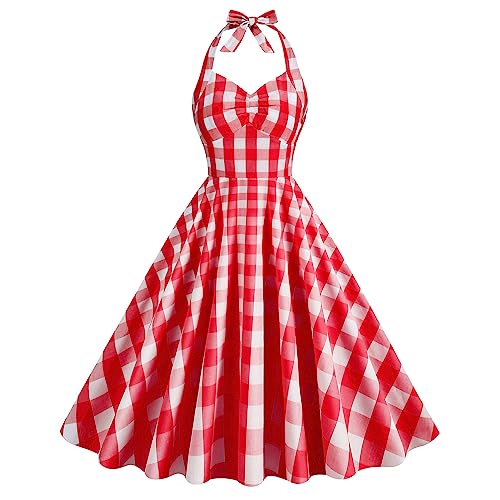 Odizli Rockabilly Kleider Damen 50er Jahre Petticoat Kleid Vintage Elegant Retro Neckholder Kariert Sommer Swing Coctailkleid Festlich Hochzeit Hochzeitsgast Partykleid Kurz Abendkleid Rot #A L von Odizli