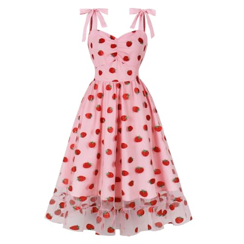 Odizli Rockabilly Kleider Damen 50er Jahre Petticoat Kleid Vintage Elegant Spaghettiträger Erdbeere Mesh Sommer Swing Tüllkleid Festlich Hochzeit Partykleid Kurz Coctailkleid Erdbeere XXL von Odizli