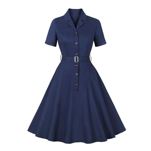 Odizli Rockabilly Kleider Damen 50er Jahre Vintage 60er Retro Audrey Hepburn Kurzarm A Line Swing Knielang Petticoat Coctailkleid Hochzeitsgast Kurz Abendkleid Sommerkleid mit Gürtel Dunkelblau L von Odizli