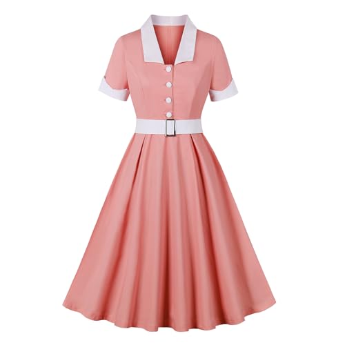 Odizli Rockabilly Kleider Damen 50er Jahre Vintage 60er Retro Audrey Hepburn Kurzarm A Line Swing Knielang Petticoat Coctailkleid Hochzeitsgast Kurz Abendkleid Sommerkleid mit Gürtel Rosa XXL von Odizli